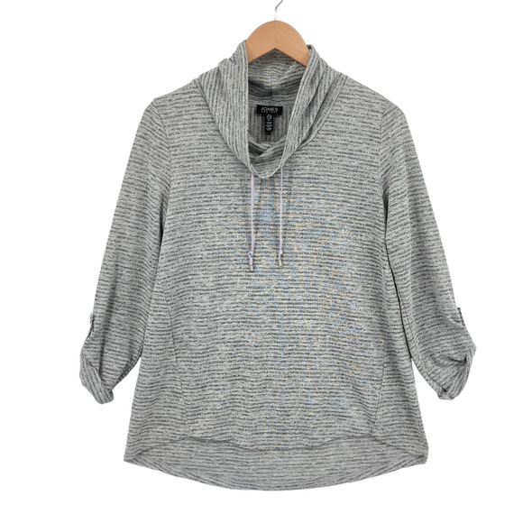 Jones New York Blouse Top Womens Small Gray Roll Tab Sleeve Cowl Neck Drawstring - Picture 1 of 13